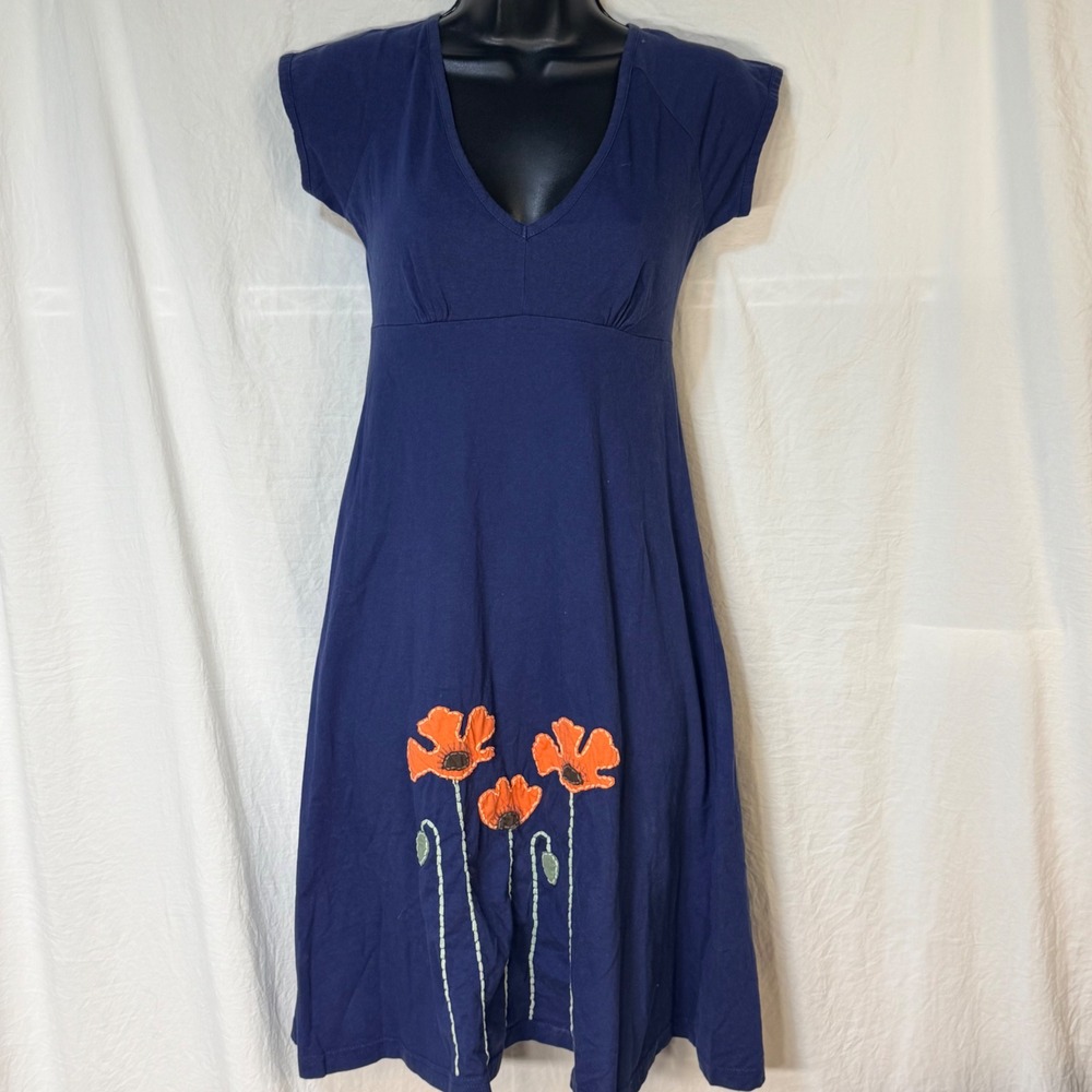 Synergy Dress Medium Navy Blue Poppy Flower Applique V-Neck Tie Back A-Line